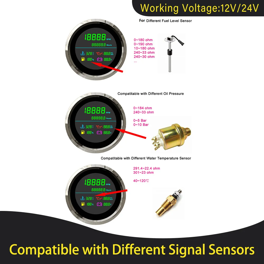 Тахометр 6 в 1 водонепроницаемый 85 мм ЖК-дисплей 0-19999 ОБ/мин