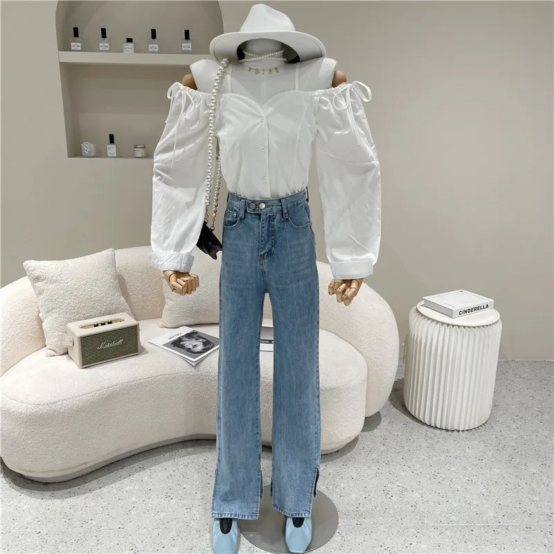 

Women's Spring Summer 2021 Niche Design Fashion Off Shoulder Bandage Sling Top Versatile Casual Long Sleeve Shirt