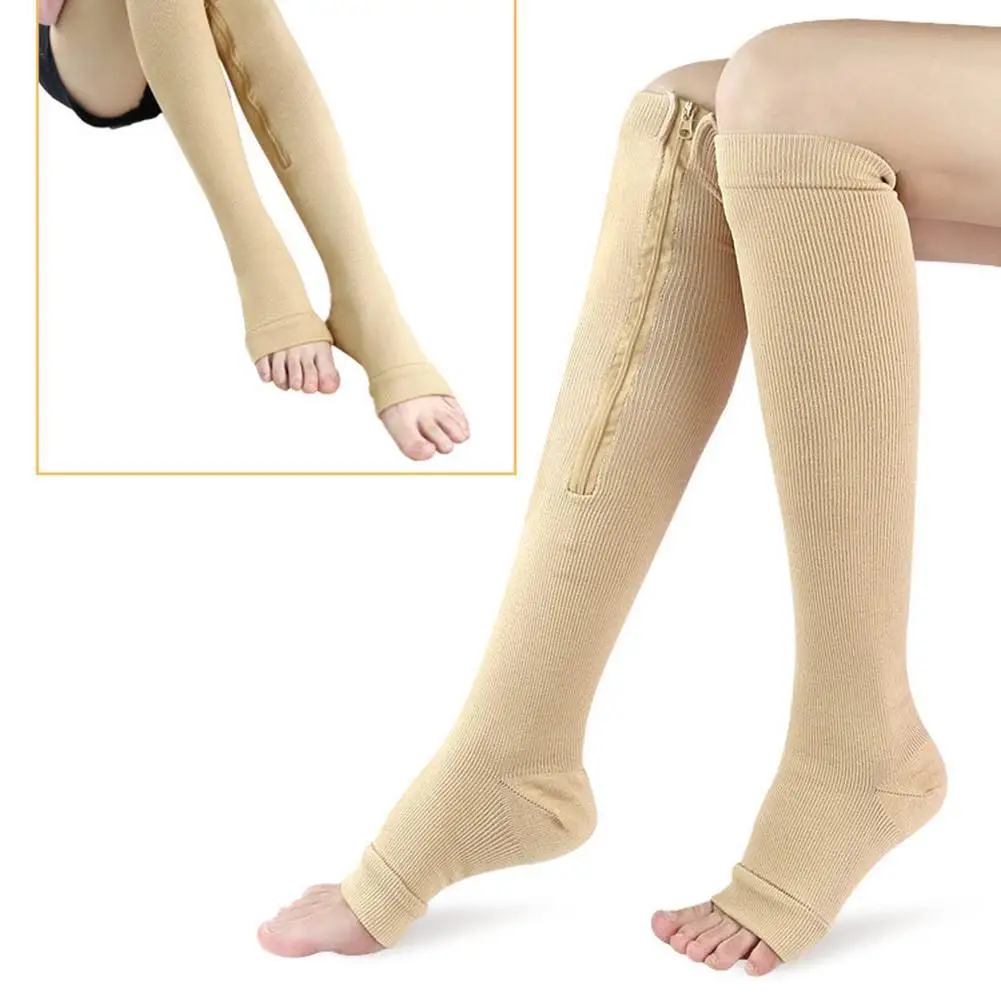 

HOT SALES!!! Elastic Zipper Middle Tube Stockings Leg Support Open Toe Compression Socks