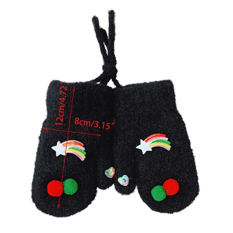 

Toddler Baby Kids Winter Knitted Gloves Cartoon Rainbow Star Pompom Decor Plush Lined Mittens Hand Warmer with String