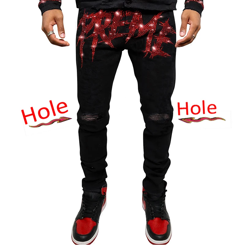 2021 Men's Jeans Ripped Skinny Hole Biker Trousers Stretch Slim Denim Pencil   Pants Street Punk Black Hot Drill Jeans For Men