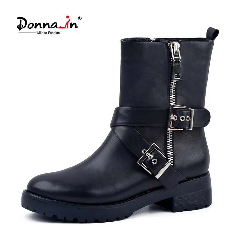 Donna-in Genuine Leather Mid-calf Women Boots Low Heel Wool Lining Winter Snow Shoes 2020 Fashion Metallic Zipper Riding | Обувь