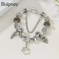 buipoey owl feather animal footprint charm bracelets for women original heart footprint beaded silver color bangle jewelry gift