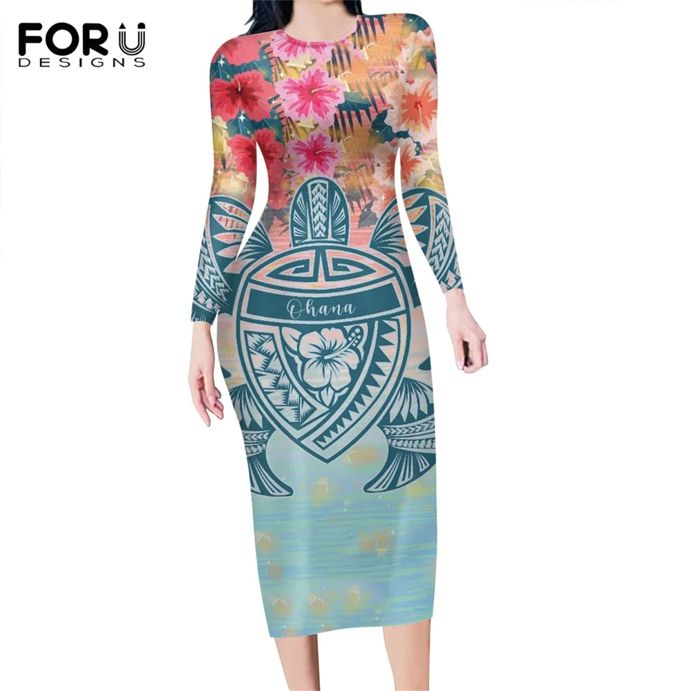 

FORUDESIGNS, элегантное тонкое эластичное облегающее платье для женщин, модные вечерние платья-карандаш с рисунком черепахи, гавайский гибискус,...
