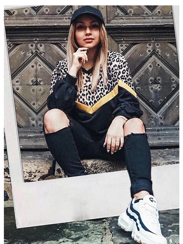 Dotfashion, черная леопардовая панельная толстовка с заниженным плечом, Женская Повседневная Осенняя коллекция, женская одежда с длинным рукавом, цветной пуловер