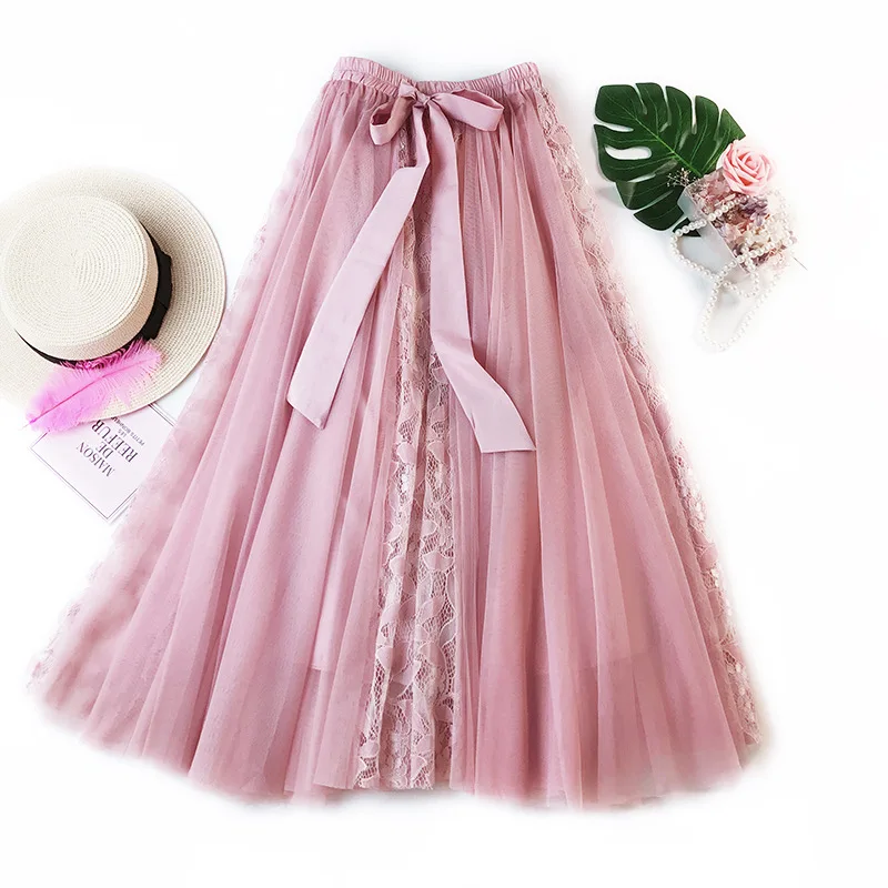 

2019 Летняя женская Boho белая длинная юбка с оборкой, с высокой посадкой женские пляжные юбки розовая юпе Femme Тюлевая юбка Saia Midi Faldas