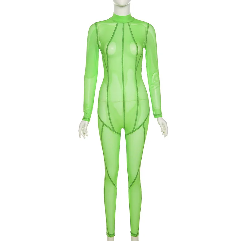 

Sibybo Black Zipper Long Sleeve Jumpsuit Women Sexy Mesh See Through Bodycon Rompers Femme One Piece Sport Fitness Overalls 2021