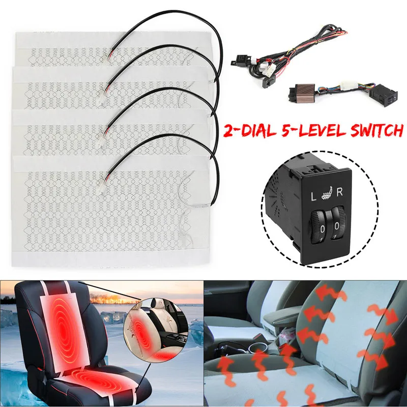 

2 Seats 4 Pads Universal Carbon Fiber Heated Seat Heater 12V Pads 2 Dial 5 Level Switch Winter Warmer Heating Seat Covers