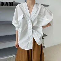 eam women white big size shaped blouse new v collar long sleeve loose fit shirt fashion tide spring autumn 2021 1de2808