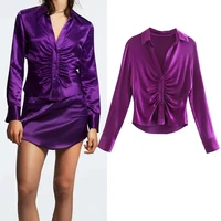 traf za women shirt pleated purple top female long sleeve crop top woman autumn 2021 vintage button up shirt elegant blouses
