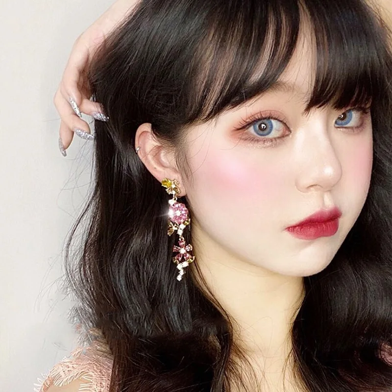 

MENGJIQIAO Korean Pink Flower Crystal Leaf Long Dangle Earrings For Women Students Statement Fashion Temperament Party Jewelry