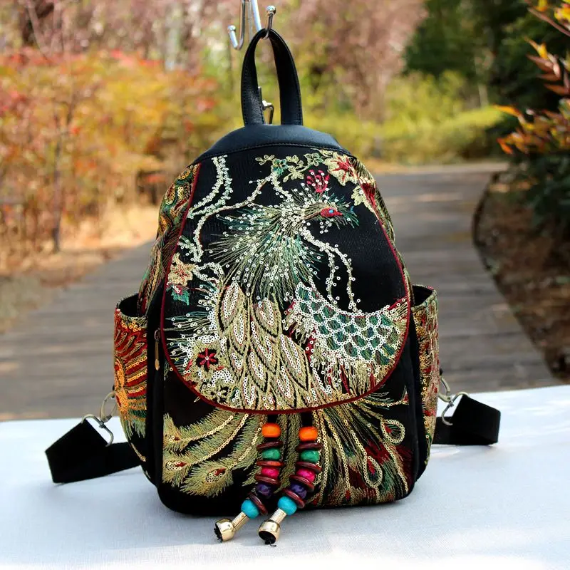 2022 Retro Phoenix Embroidered Backpack Sequins Canvas Tribal Ethnic Embroidered Floral Backpacks National Women Back Pack Bag
