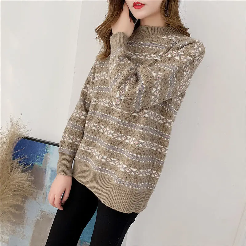 2019 autumn and winter new trend retro printed sweater female students Korean version of the loose striped | Женская одежда