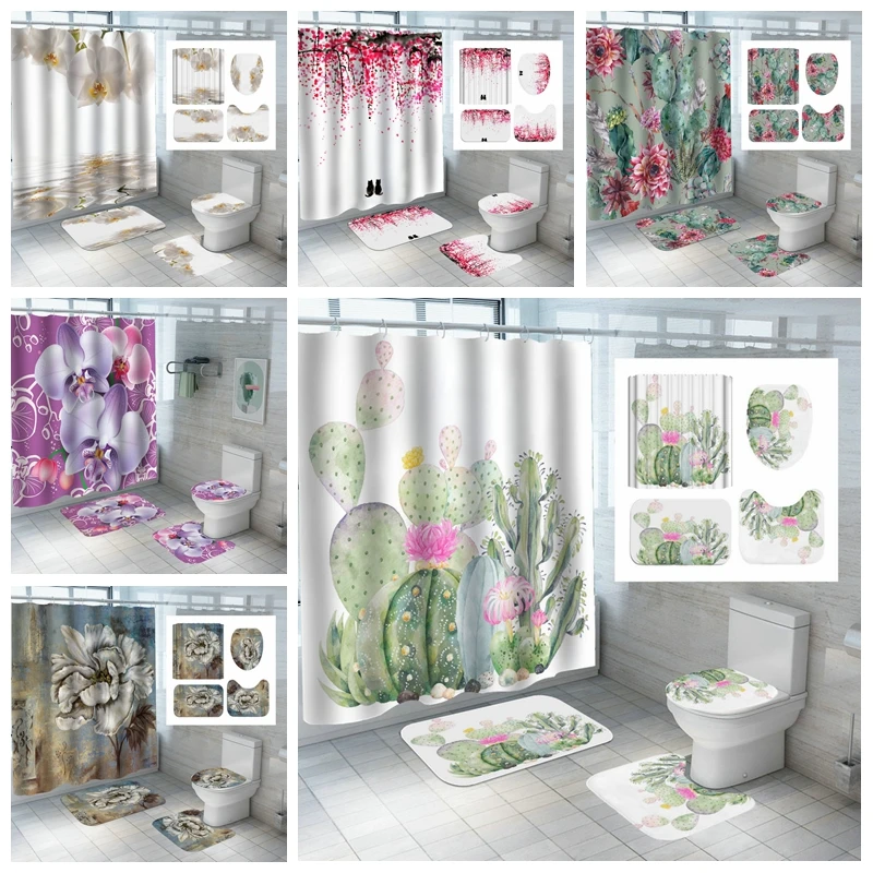 

Green Tropical Plant Leaf Palm Cactus Shower Curtains Bath Curtain Frabic Waterproof Polyester Bathroom Antiskid Carpet Set