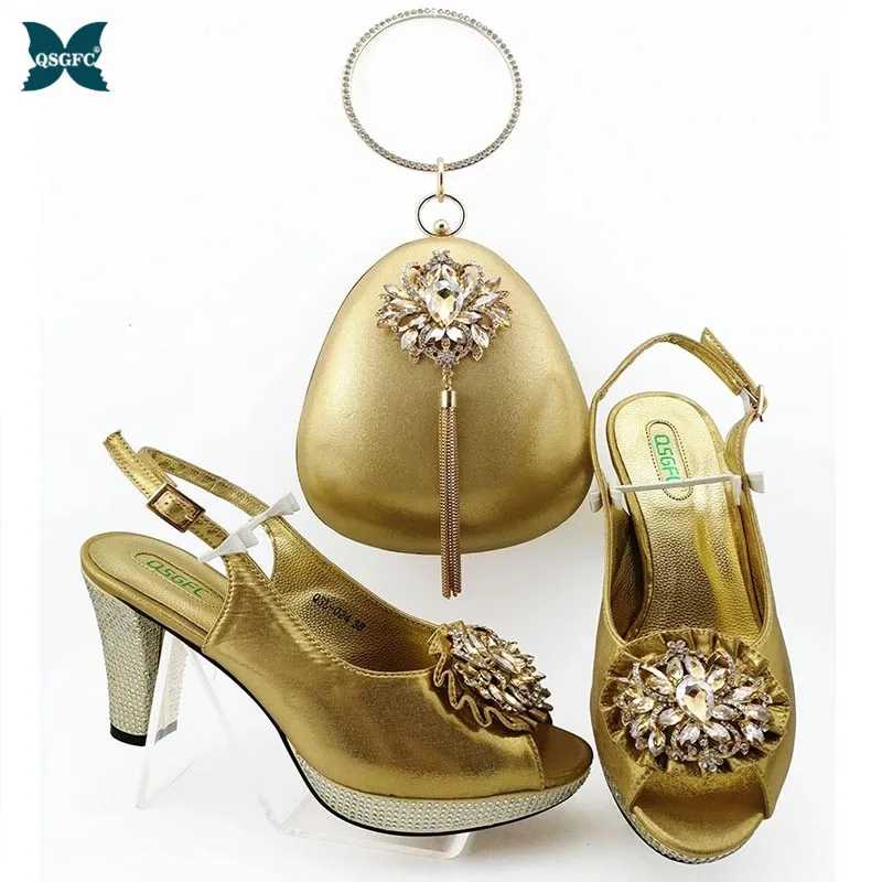 

Hot Selling 2021 Italian Design Lastest Fashion Noble Party Women Shoes and Bag Set Decorated With Rhinestone in Gold Color