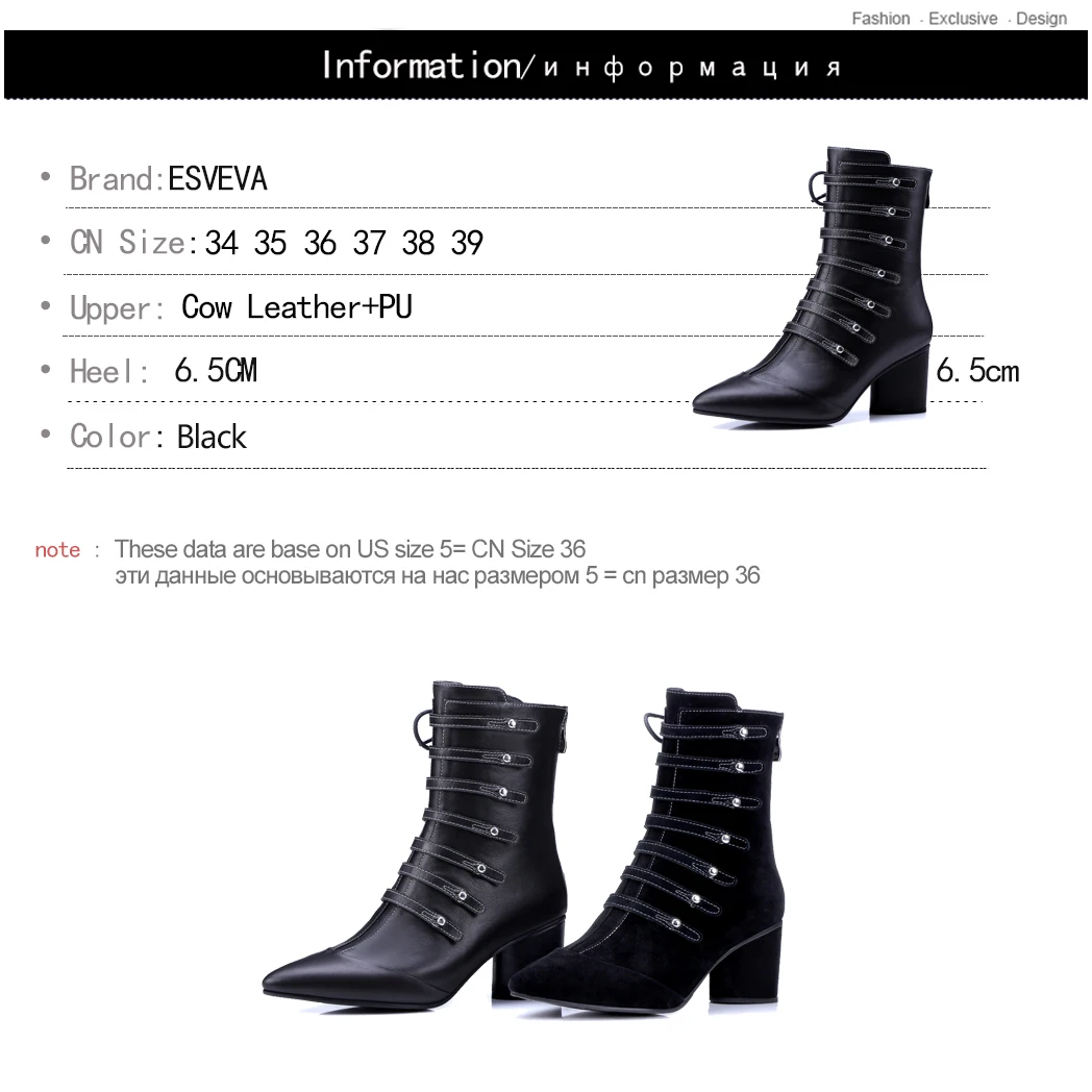 

ESVEVA 2020 Women Shoes Ankle Boots Pointed Toe Sexy PU+Leather Suede Zipper Med Heel Motorcycle Platform Boot Size 34-39