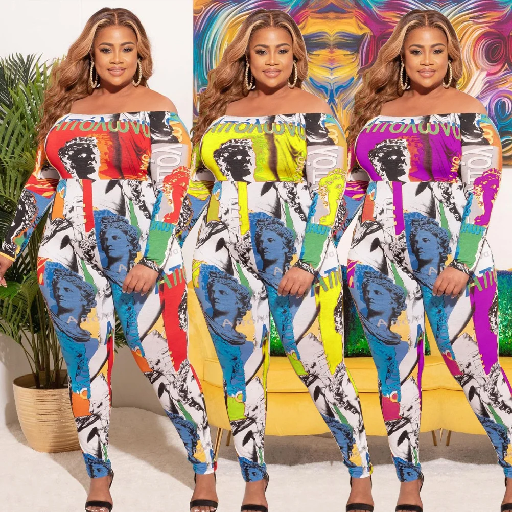 

Cutubly Plus Size Printing Rompers Jumpsuits For Women Sexy Off Shoulder Long Sleeve Romper One Piece Overall Clothing