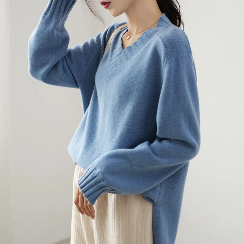 

Vneck Women Sweaters Loose Style 100% Wool Knitted Pullovers 2020 Hot Sale New Fashion Long Sleeve Jumpers Female Woolen Clothes