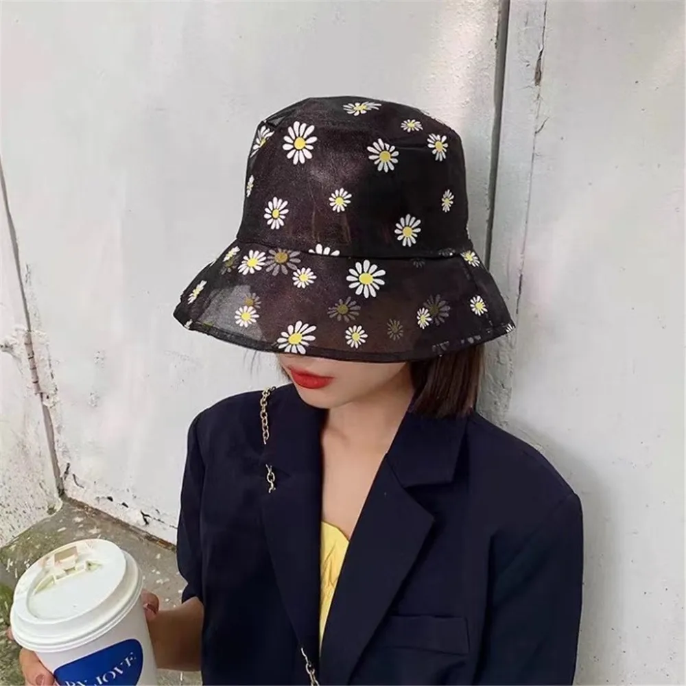 

Daisies Embroidered Buckets Hat Transparent Panama Women Lace Flower Beach Hats High Top Snapback Fashion Daisy Sun Cap Summer