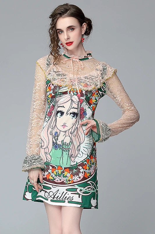 

2021 new style retro court style printing shows thin long sleeve waist shows thin temperament foreign style A-line skirt fashion