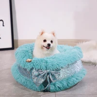 40cm50cm pet kennel bowknot plush pet bed winter warm round cat bed puppy soft kennel for teddy hiromi small dogs pet supplies