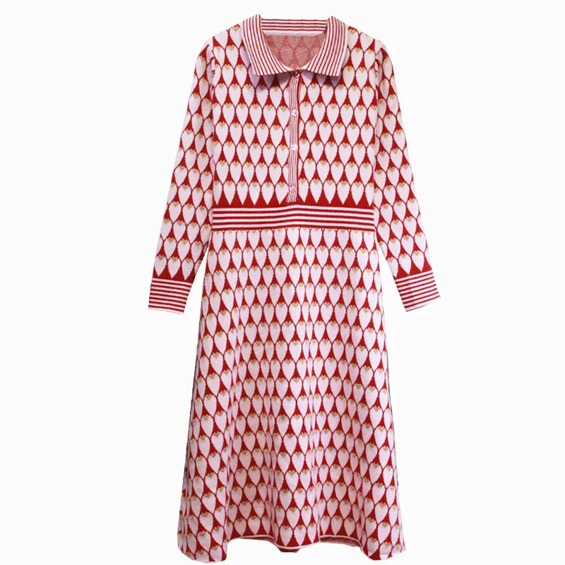 

Designer Long Sleeve Female Party Sweater Dresses Clothes 2020 Autumn Winter Sweet Red Ladybug Print Women Knitted Dress Runway