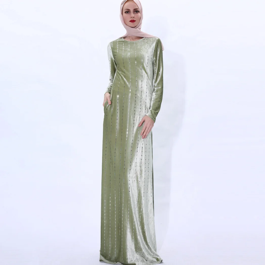 Новинка 2021, мусульманское осенне-зимнее платье с вертикальными блестками и бархатным длинным рукавом, теплое платье для мусульманских женщ...