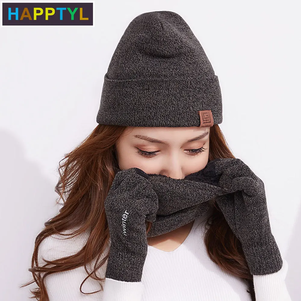 HAPPTYL 3 шт./компл. вязаная шапка перчатки шарф набор Зимний толстый теплый плотный