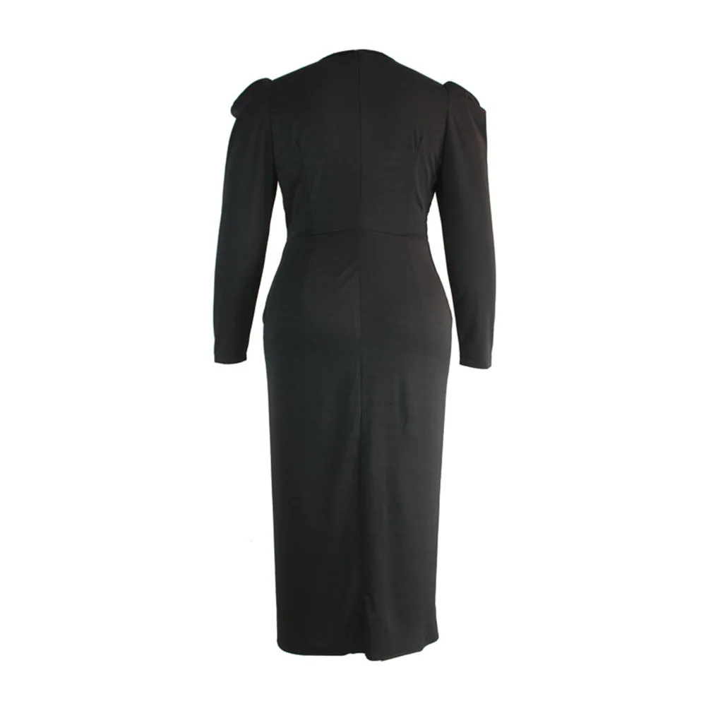 

Western Style Dress Autumn Winter Fashion Temperament Draw Back Split V-neck Long Sleeve Black Woman's Dress