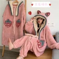 plush padded nightgown women winter new sweet strawberry double sided fleece girlfriends pajamas loose long sleeved home service