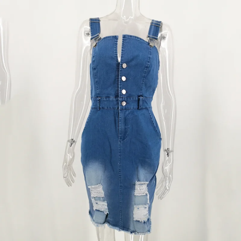 

Women's Sexy Sling Dress Fashion Hole Denim Dresses Female High Waist Medium Long Plus Size Pencil Dresses clothes