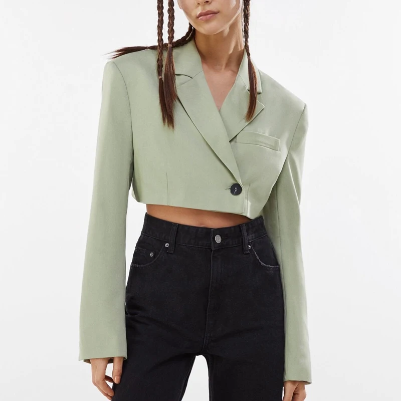

Women Summer Casual Short Blazers Coats ZA 2021 Solid Long Sleeve Single Button Female Fashion Street Slim Blazer Outerwear