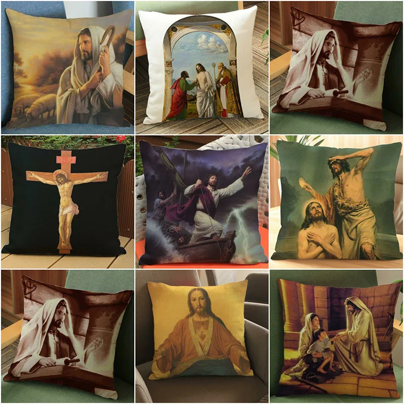 Чехол для подушки с принтом Иисуса хлопково-Льняная наволочка офиса и дома 18 х18