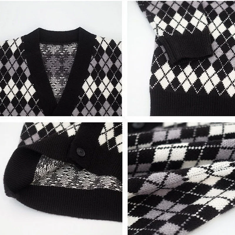 

Women Cardigans Argyle Classic Gentle Trendy Japan Style Students Knitted Jumpers V-neck Single Breasted Streetwear Retro Warm