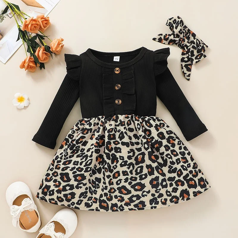 

Newborn Autumn Ruffle Long Sleeve Dress Baby Girls Ruchrd Fashion Leopard Skirt Infant Print Dresses Tollder Cute A-line Outfits