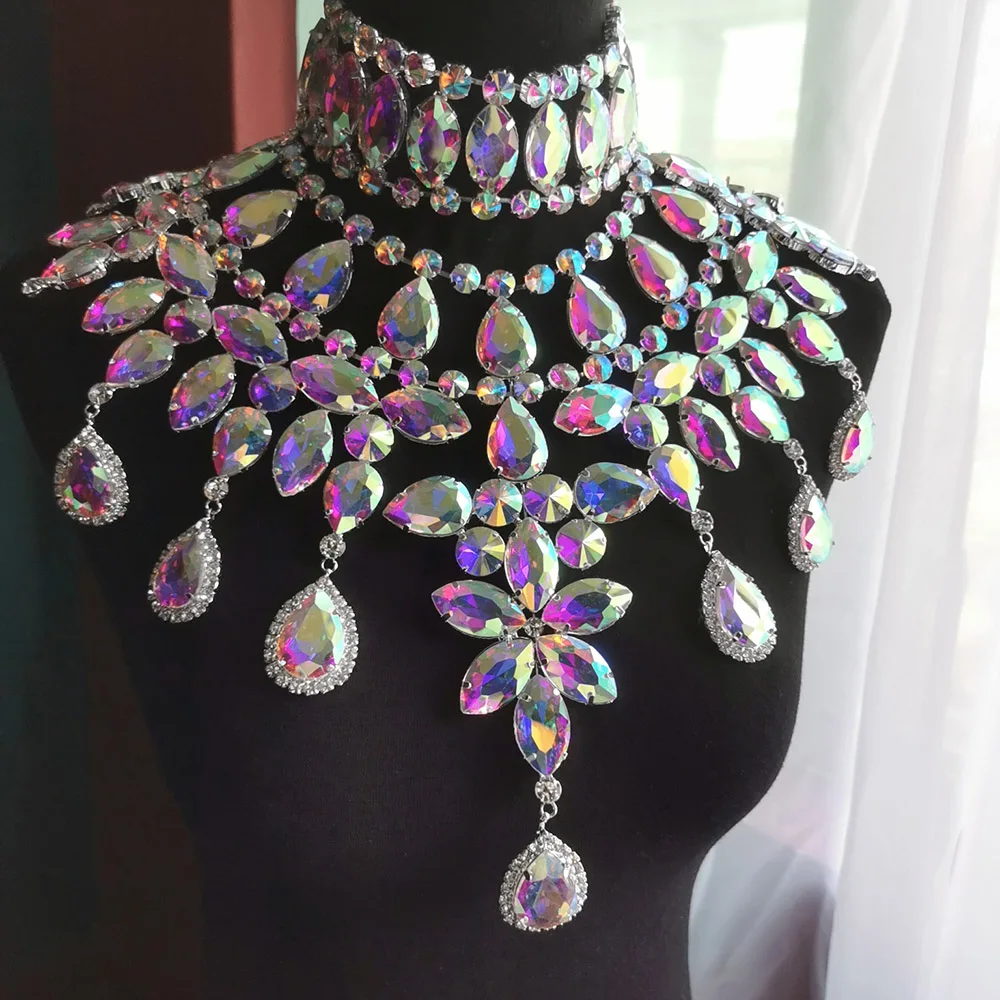 CuiEr-Conjunto de 2 unids/set de COLLAR COLGANTE grande para mujer, Gargantilla, Drag Queen, joyas de cristal enormes-2