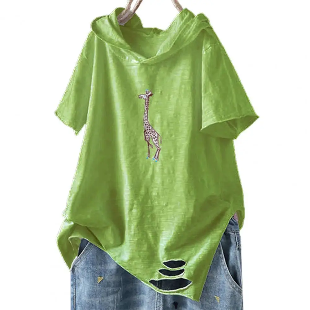 

Summer T-shirt for Women Hooded Short Sleeve Ripped Hole Tee Shirt Cute Giraffe Print Loose Hoodie Ladies Tshirt Top