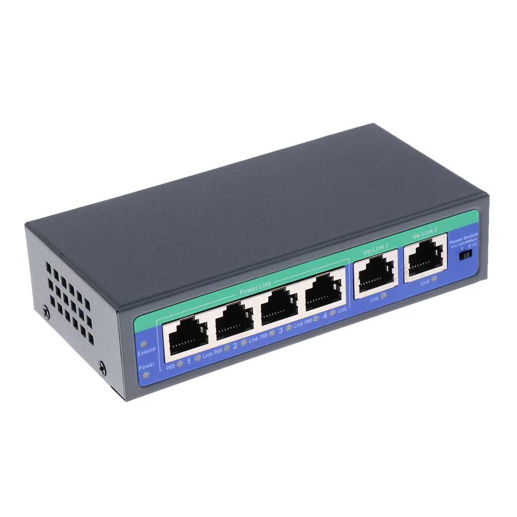 6 портов 10/100 Мбит/с 4 POE порта и 2 Uplink адаптер питания через Ethernet-коммутатор |