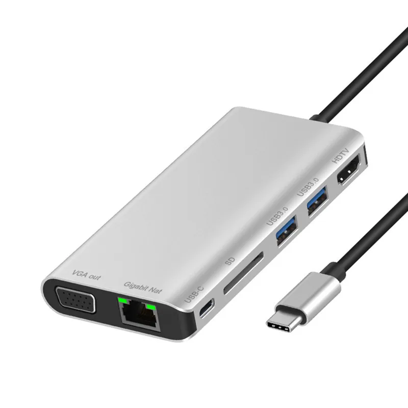 

Type-C Multi-function Dock Station with USB3.0x2/SDx1 Card+HDMI-compatible VGA+JACK 3.5+RJ45+Type-c(PD) Port