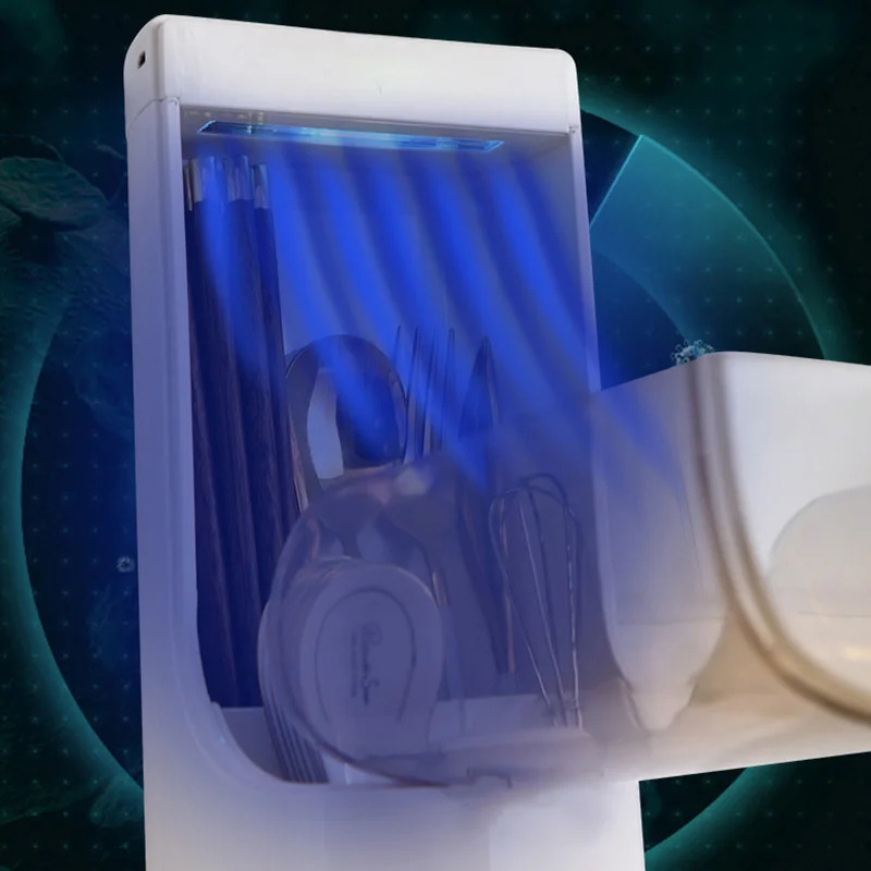 sterilizer kitchen utensils case mounted wall disinfect rack chopsticks holder cutlery draining flip top box organizing gadget free global shipping