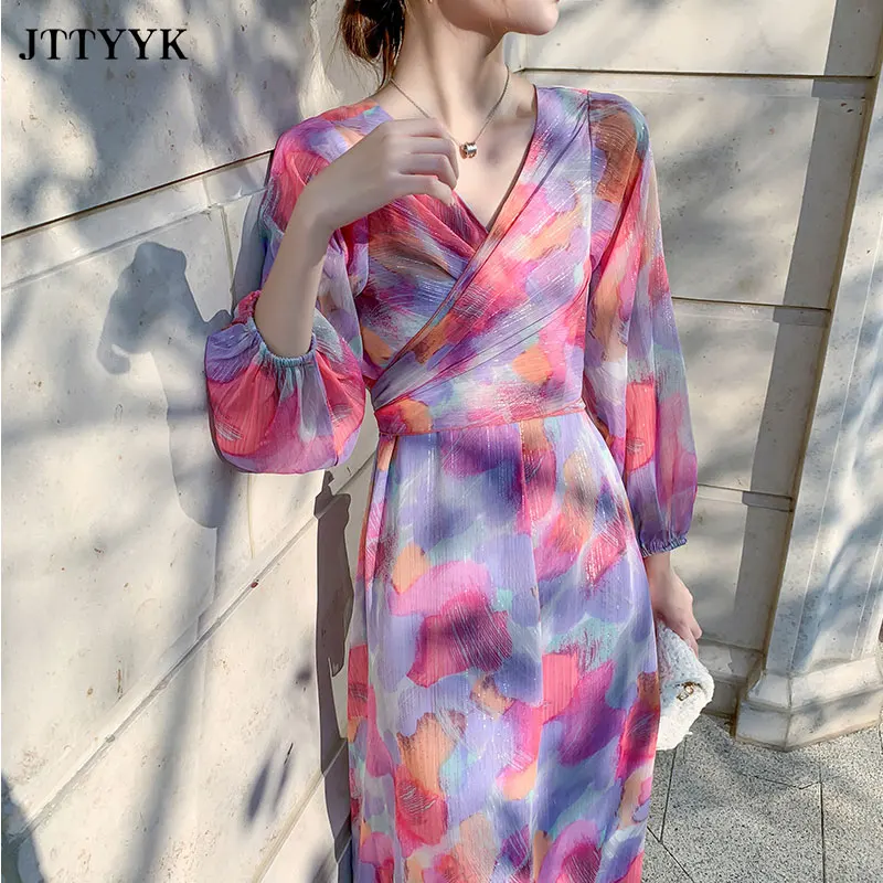 

V-neck Bandage Dresses Summer Woman 2021 Long Sleeve Floral Chiffon Dress Long Maxi Boho Dress Ladies Floral Sundress vestidos