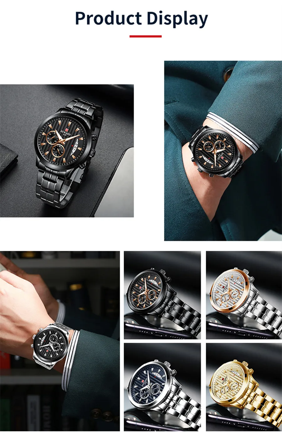 

REWARD Chronograph Watch Men Luxury Sport 30M Waterproof Watches Men's Stainless Steel Watch Calendar Luminous Wrist Watches