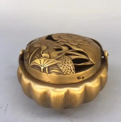 Collection Pure Brass Carving Mandarin Duck Lotus Leaf Lotus Flower Incense Burner Hollow Out Household Decoration Animal Statue
