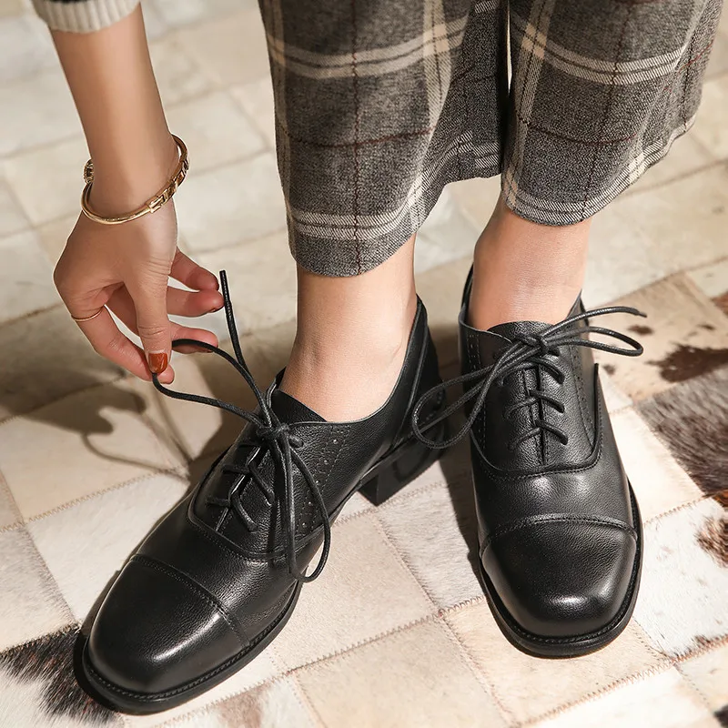 

FEDONAS Women Pumps Cow Leather Casual Shoes Working Shoes Spring Summer Four Season Lace Up Slip On Square Toe Shoes Woman