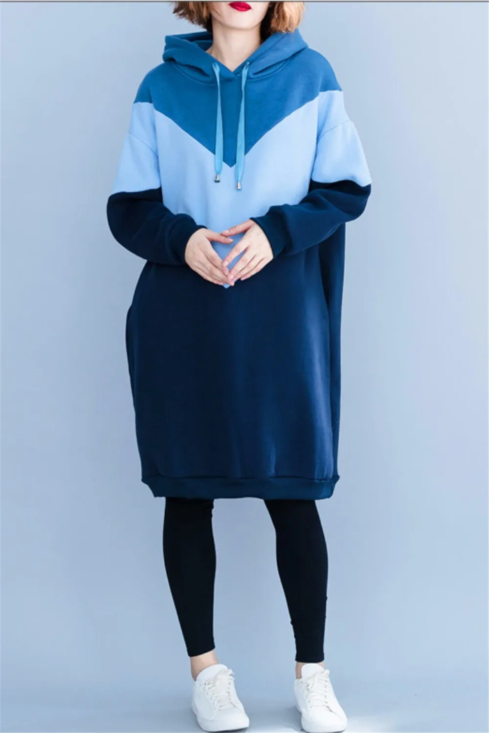 

Women Large Size 100KG Contrast Color Patchwork Long Sleeve Fleece Thick Winter Oversized Loose Casual Dress Female Hoody Clothe
