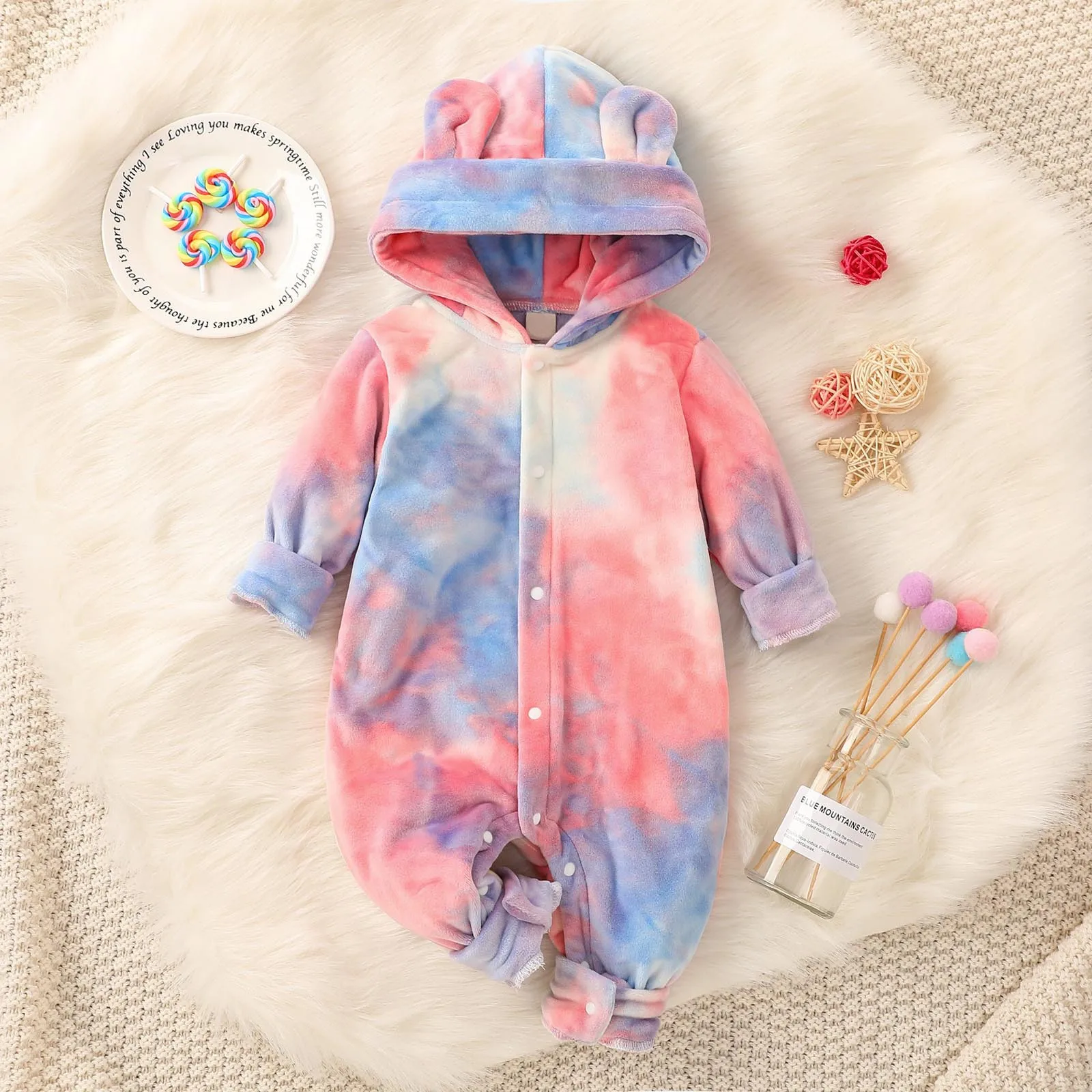 

Winter jumpsuit kids Infant Baby Plush Romper Long Sleeve Tie-dye Print Jumpsuit Cute Bunny Hood Clothes одежда для девочек E1