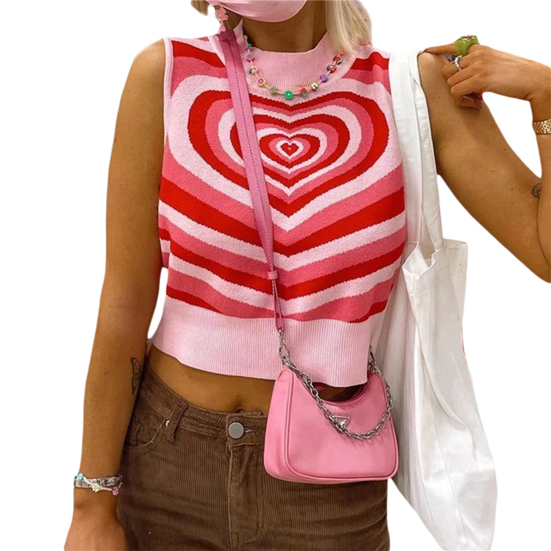 

Hirigin Y2K Clothes Stretch Tank Top Women Vest Short Tops Festival Sleeveless Shirt Heart Pattern Knitting Summer Crop Top