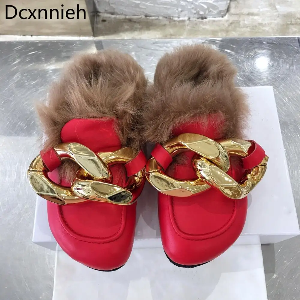 

Runway Gold Chain Wool Insole Winter Slippers Women Genuine Leather Round Toe Thick Sole Fur Mules Woman Flat Brand Women Shoes