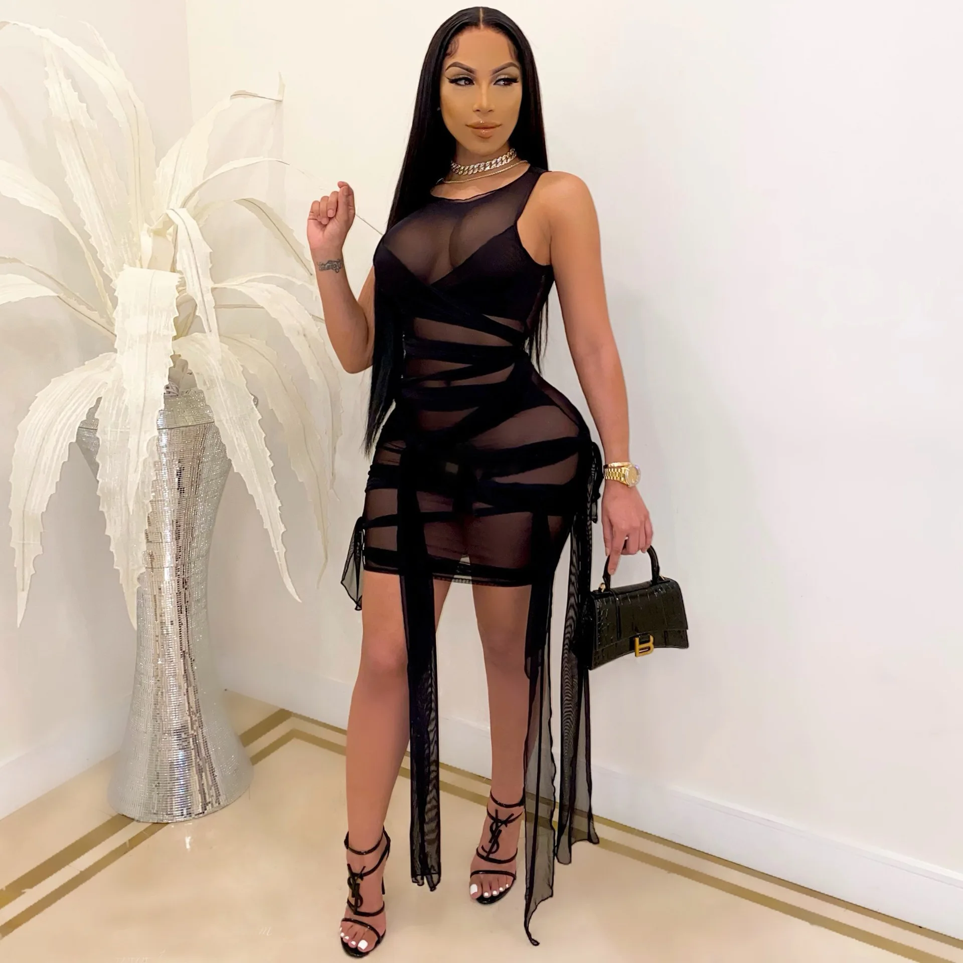 

2021 New Fashion 5XL Mesh Dress for Women Gauze Sleeveless Club Dresses Female Solid Tight-fitting High Stretch Straps Skirt