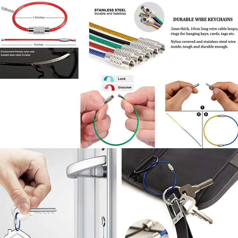 

5/10Pcs Wire Chain Tag Screw Luggage Rope Keyring Loop Circle Bushcraft Kit Lock Gadgets for men100/150/200MM Key Tool Cable